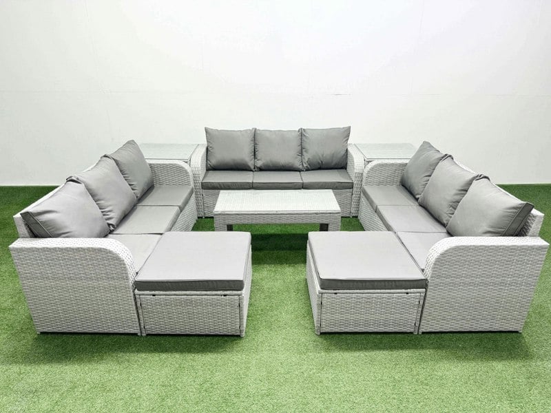 Fimous 11-Seater Light Grey PE Rattan Outdoor Lounge Set | Oblong Coffee Table, 3-Seater Sofa, 2 Footstools, 2 Side Tables