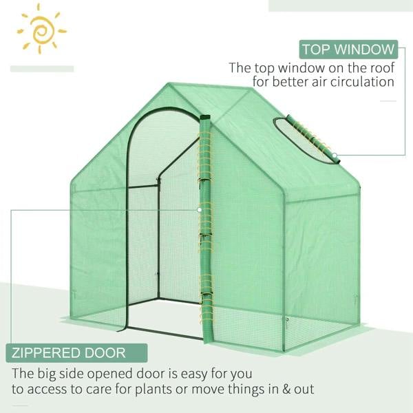 Green mini greenhouse with roof ventilation window and zipped side door.
