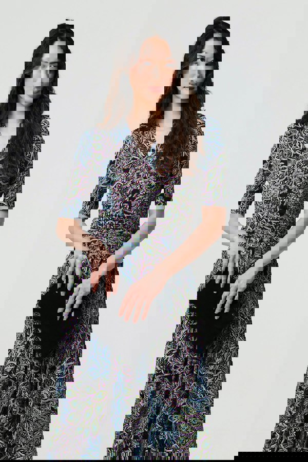 Navy | Leaf Print 1/2 Sleeve Faux Wrap Midi Dress
