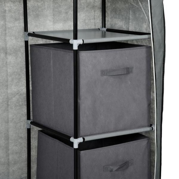 Dark grey fabric drawer bins with handles inside a metal frame, showing two drawers