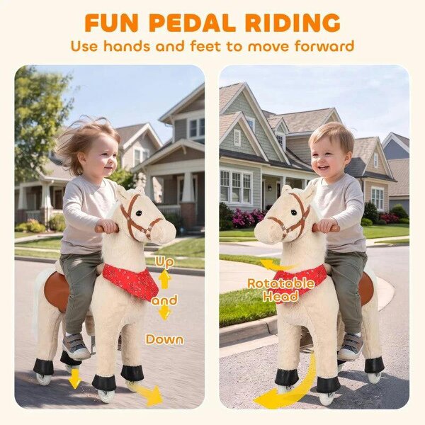 Ride on Horse Pedal Ride On Walking Horse Toy Rotatable Head Neighing Sound, Light Brown