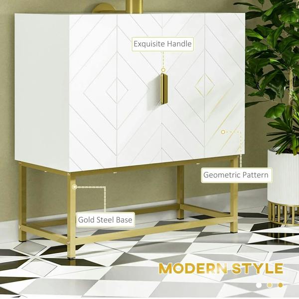 White under-sink cabinet with geometric pattern, gold handle, and gold steel base