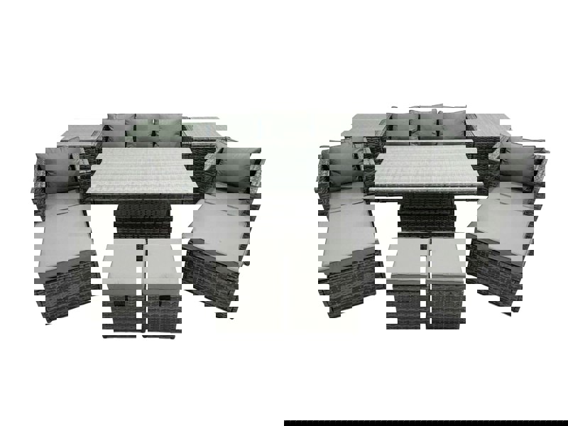 Fimous PE Rattan Garden Furniture Set Lounge Sofa Rising Dining Table Set with 2 Side Tables 4 Footstool Dark Grey Mixed