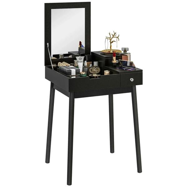Black vanity desk with flip-up mirror and two open storage compartments
