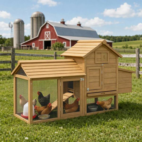 PawHut Chicken Coop Hen Cage Small Animal Hutch Nesting Box Outdoor Run - Natural