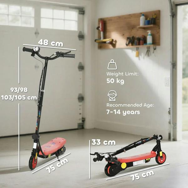 Red electric kids scooter with black frame and red deck, angled view.