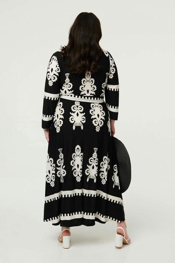 Black | Curve Ikat Print 3/4 Sleeve Wrap Maxi Dress