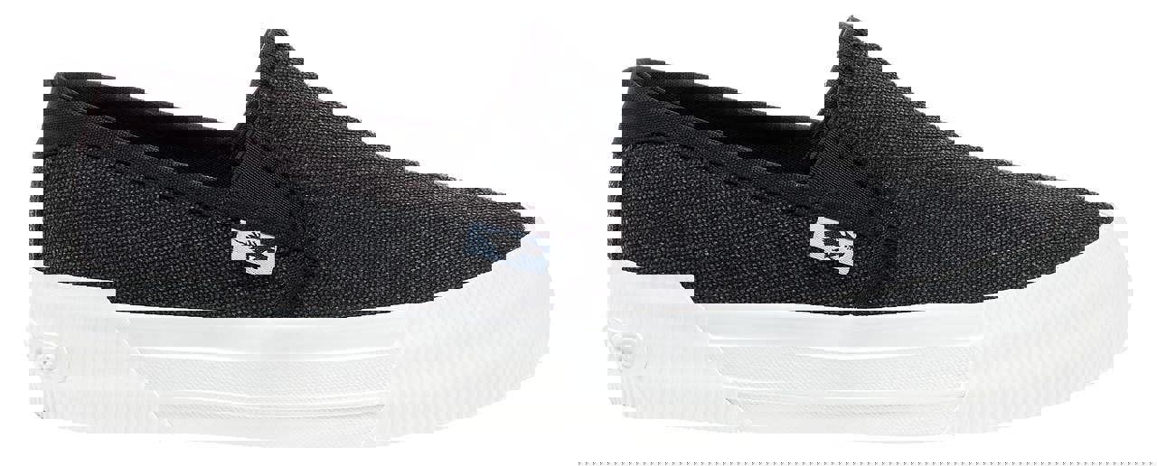 Rocket Dog Cheeryful Womens Slip On Casual Trainers Shoe, black slip-on casual sneakers with a textured fabric upper and a white rubber sole.