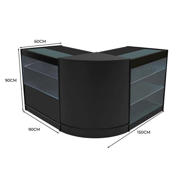 Hera LED Shop Counter Set in sleek black, featuring curved design, glass display shelves, and dimensions of 150cm x 90cm x 60cm