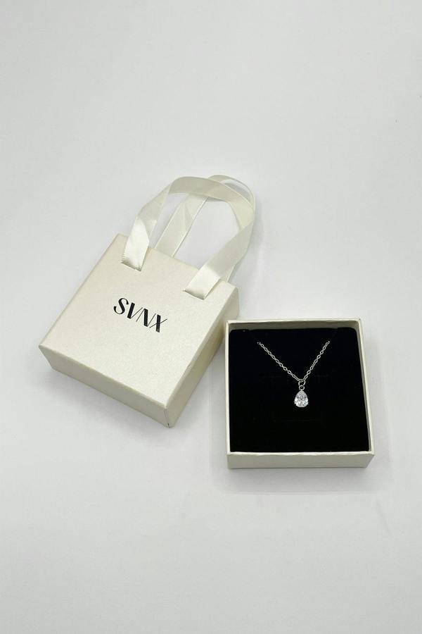SVNX Rhinestone Teardrop Pendant Necklace in Silver - Gift Boxed