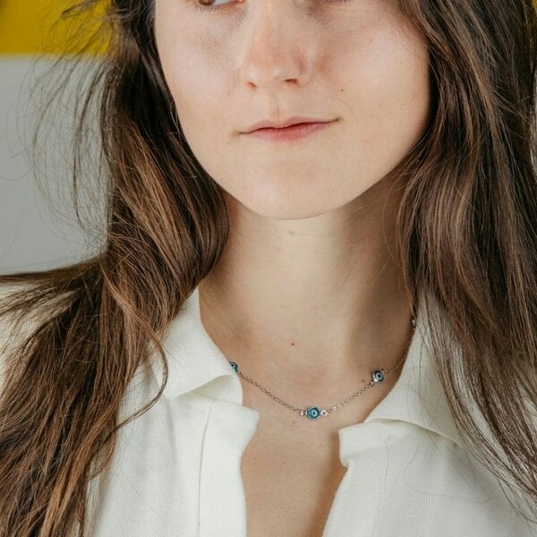 The Colourful Aura Evil Eye Gold and Silver Charm Protection Turkish Eye Blue Bead Choker Necklace - Silver