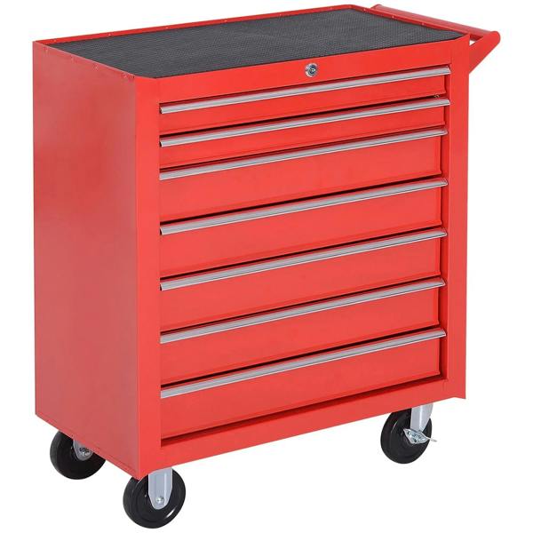 Red 7-drawer tool cabinet with lockable drawers and caster wheels