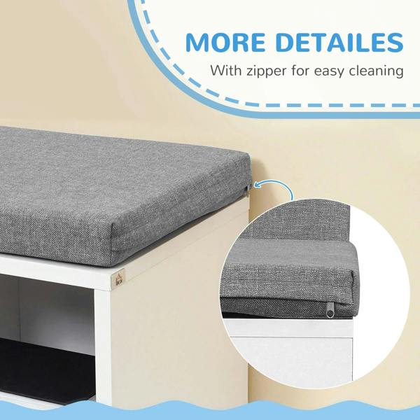 White bookcase storage shelf with gray zippered cushioned reading seat