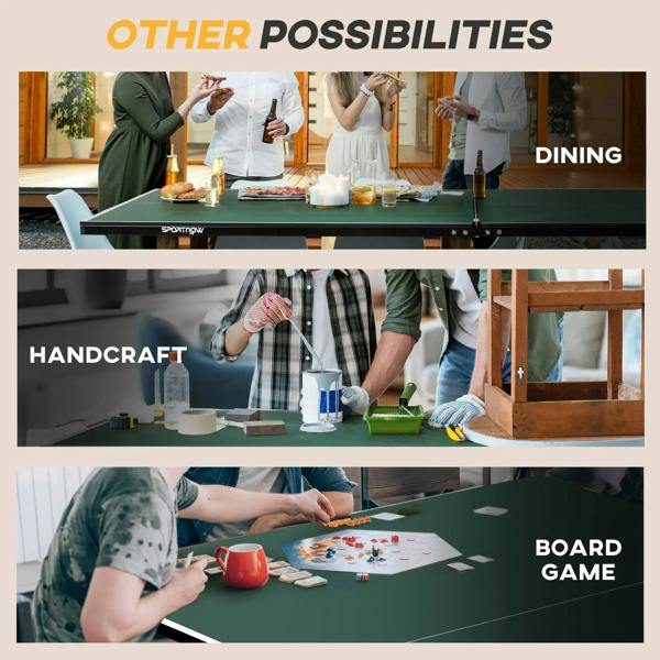 Green folding tennis table with net and black legs shown in multiple indoor setups