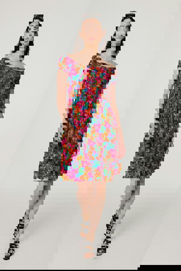 Pink | Floral Knee Length Bardot Dress