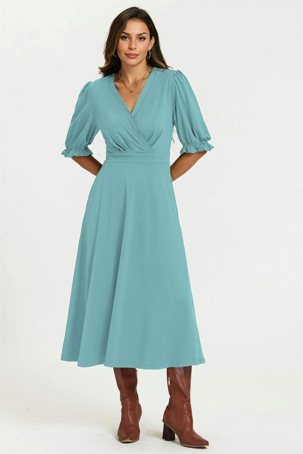 FS Collection Half Sleeves Jersey Midi Dress with Wrap Neckline In Grey Blue