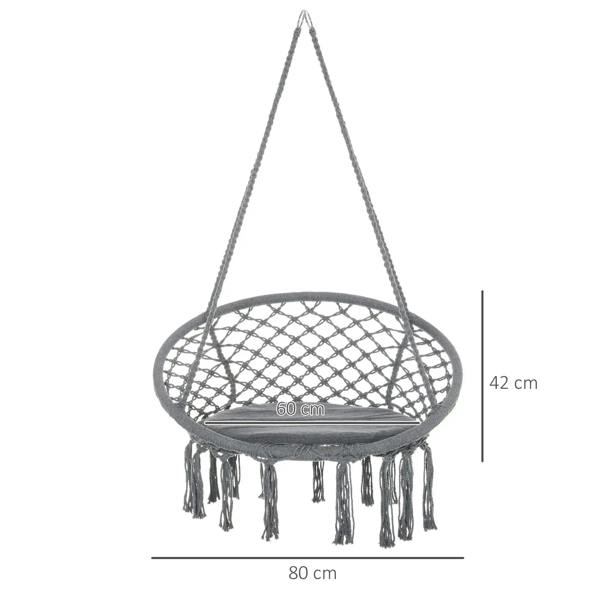 Grey hanging rope macrame chair with round net seat, grey cushion, and dangling fringe
