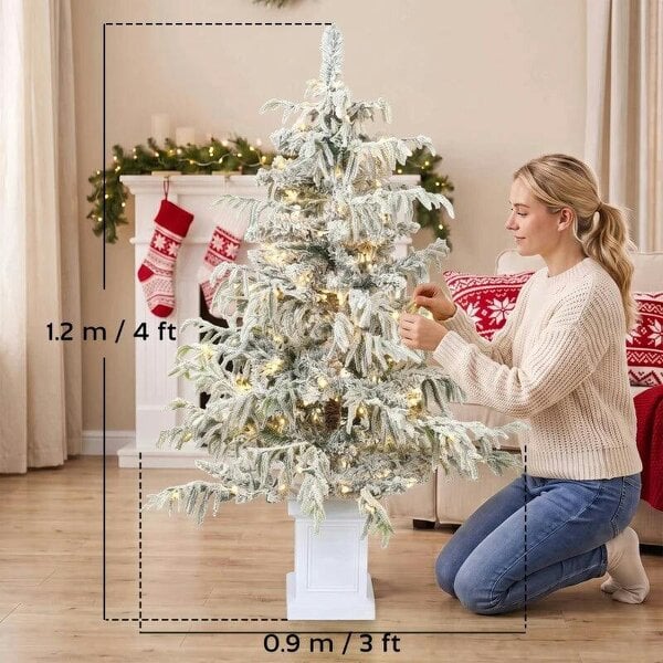 Bobobiy 4ft Prelit Flocked Christmas Tree, Artificial Snow Flocked Spruce with 160 Warm White LED Lights, 8 Modes, Green