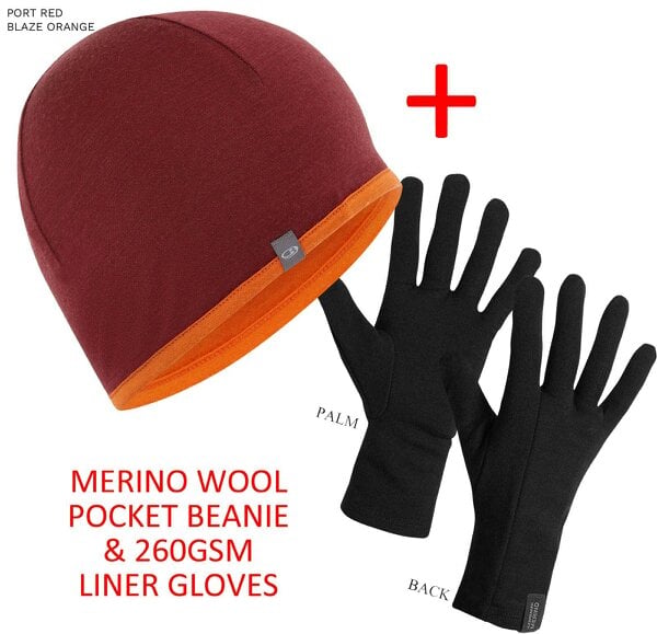 Icebreaker Merino 260 Gloves and Beanie Bundle - Port Red/Blaze Orange