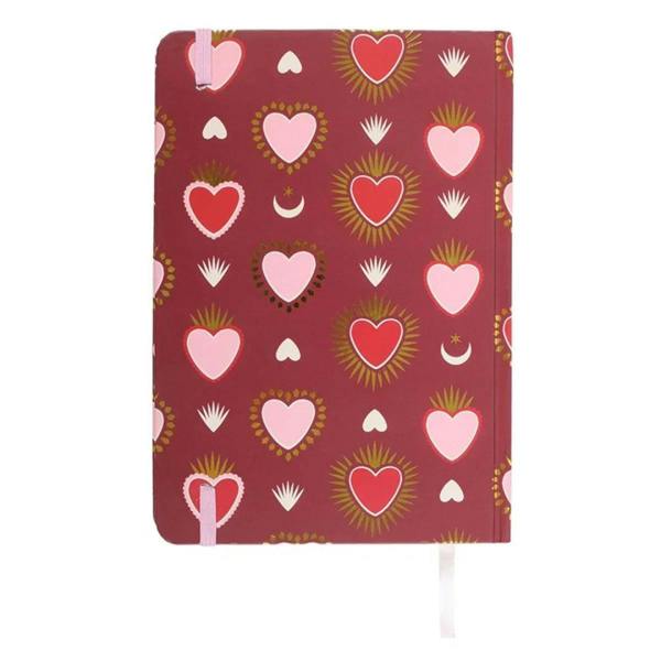 Sacred Heart print A5 notebook with maroon heart design and pink bookmark ribbon