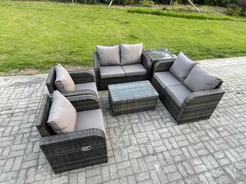 Fimous Rattan Garden Furniture Set 6 Seater Patio Outdoor Lounge Sofa Set with 2 Reclining Chairs Rectangular Coffee Table Side Table Dark Grey Mixed