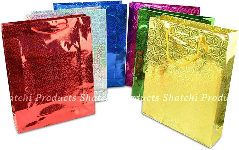 Shatchi Medium Holographic Paper Gift Bags, Assorted Colours, Pack Sizes for Celebrations - 100 Pack - Christmas gift bag