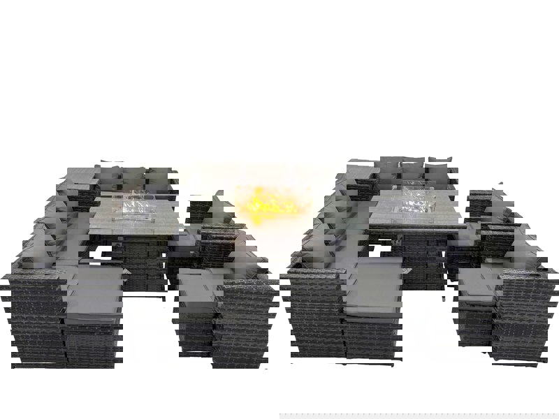 Fimous 11 Seater Garden Outdoor Rattan Furniture Set Patio Corner Sofa Gas Fire Pit Dining Table with Side Table 3 Stools Dark Grey