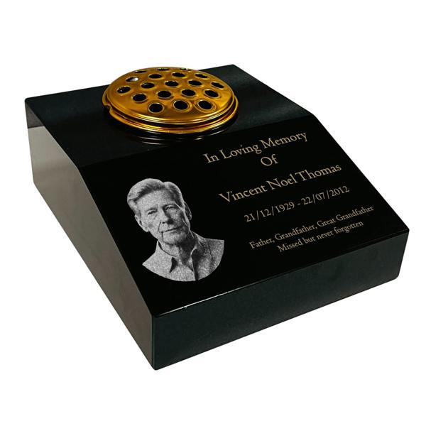 Memorials Direct Black Granite Sloping Memorial Desk with Vase Engraved Photo Free Gold Engraving