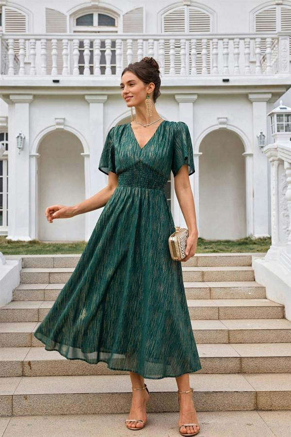 FS Collection Angel Sleeve Gold Stripe Foil Midi Dress In Green