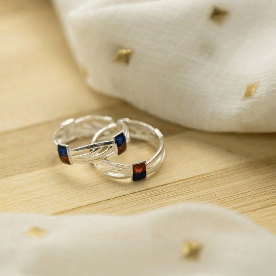 The Colourful Aura Pure Silver Enamel Colourful Red Blue Slim Band Adjustable Ring