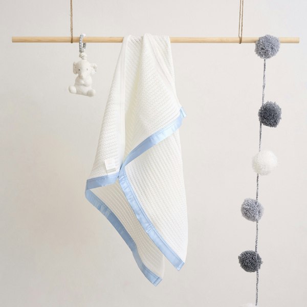 Luxury Organic Baby Blanket with Satin Edging – White & Blue - The Tiny Bed Company™