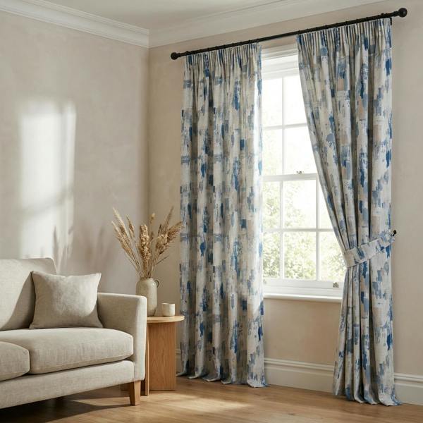 Bamford made-to-measure curtains in Cobalt, styled in a living room