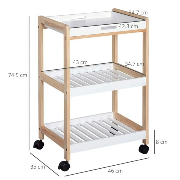 3-tier rolling kitchen cart with white top tray, slatted shelves, natural wood frame, caster feet