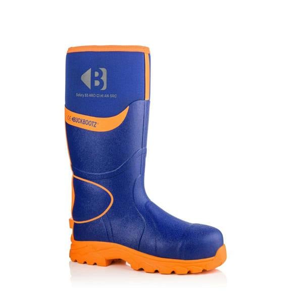 Buckbootz BBZ8000 Mens Safety Waterproof Composite Toe/Midsole S5 Wellington, a blue and orange safety boot with a high shaft, rugged sole, and reinforced toe for industrial safety.