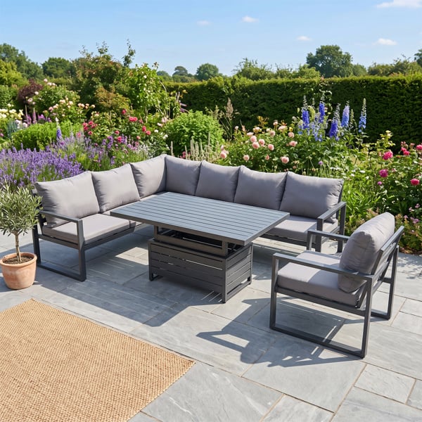 Fimous 7 Seater Aluminium Garden Furniture Set with Adjustable Rising Dining Table, Corner Sofa & Chair - Dark Grey