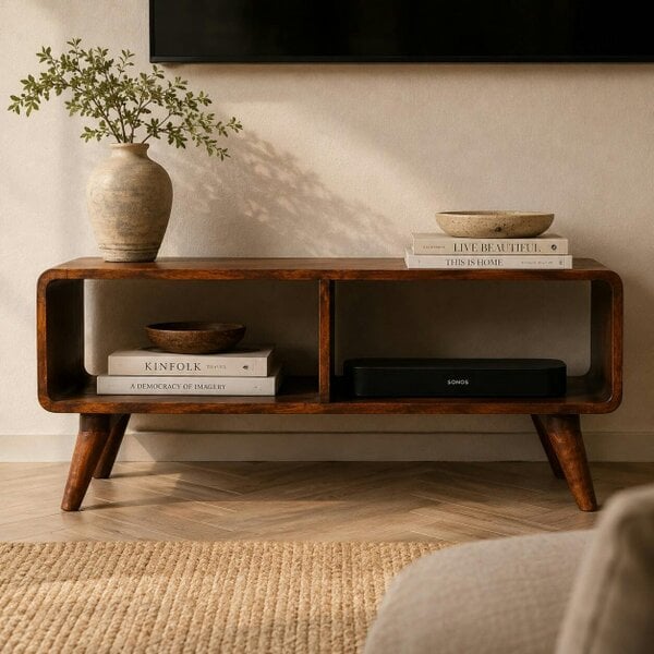 Artisan Furniture Solid Wood Curved Chestnut Double Slot Media Unit, Brown