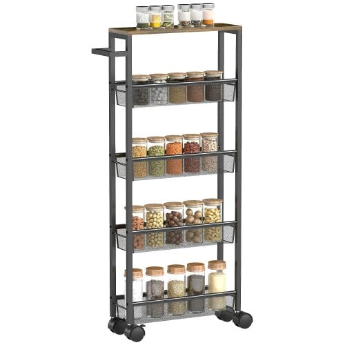 Wyld Haus Raelno Metal Black 5 Tier Slim Storage Trolley With Wood Effect Top And Handle