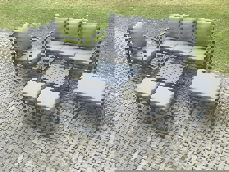 Fimous Aluminium Outdoor Garden Furniture Set Lounge Sofa Chair Square Coffee Table Sets with 3 Footstools Dark Grey