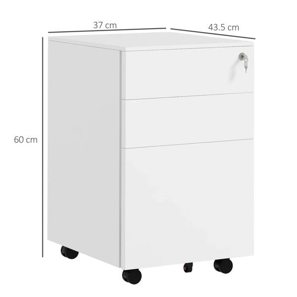 White 3-drawer filing cabinet on wheels, front view with lock