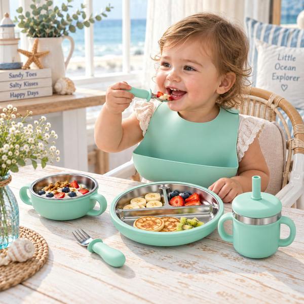 Maison des Cadeaux Baby Feeding & Weaning Set with Stainless Steel Plate, Bowl, Bib, Cup & Cutlery - Mint