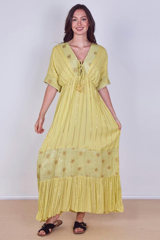 Boho Sequin Square Embroidered Maxi Dress