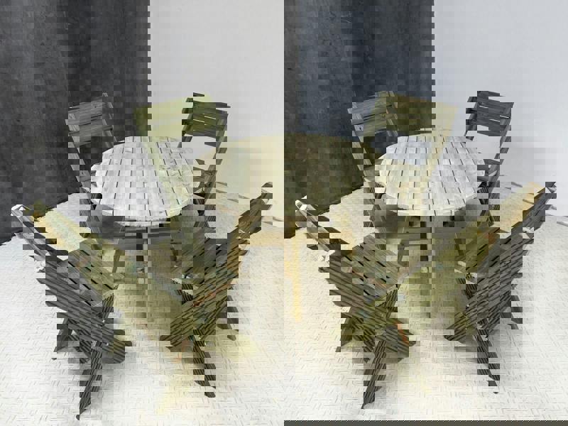 DeckFusion Wooden Rounded Picnic Table and Four Chairs Set – Sturdy Outdoor Dining Set for Gardens, Patios, and Picnics
