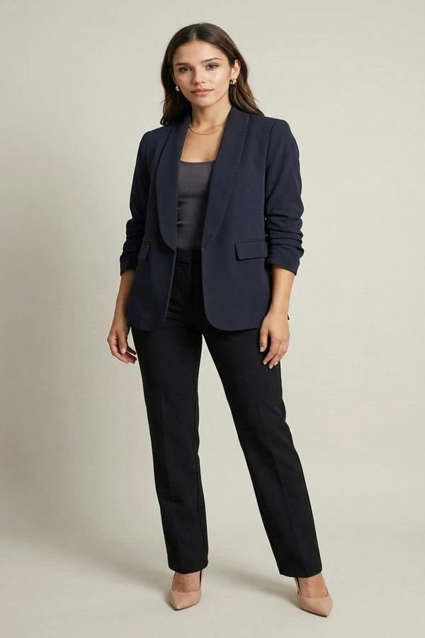 Valerie Ruched Sleeve Open Front Blazer Jacket With Front Pockets - Navy