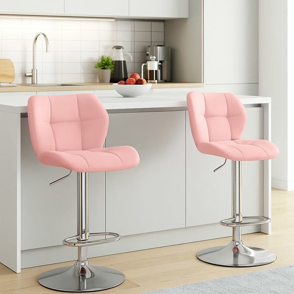 Modcraft Set of 2 Pink PU Leather Bar Stools – Adjustable Swivel Counter Chairs with Backrest