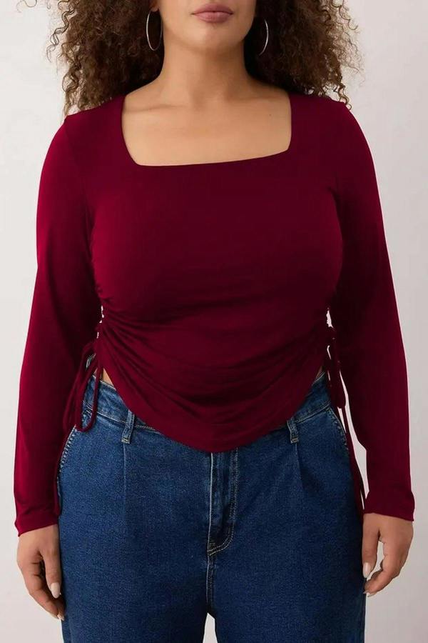 WOVCOR Square Neck Plus Size Knitted Blouse with Gathered Sides