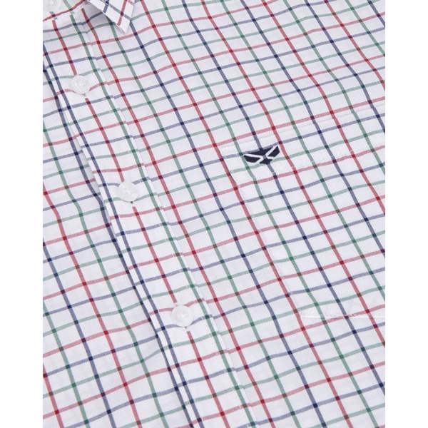 Detail of Hoggs of Fife Fernie bamboo shirt in red and green check, smart mens country check shirt for farming and field sports