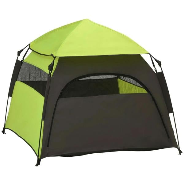 Green and black pop-up dog and cat tent with mesh front door