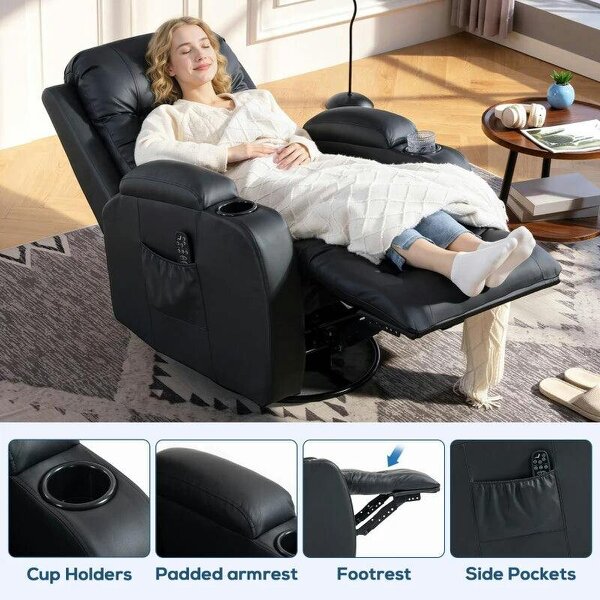 PU Leather Recliner Chair, Recliner Armchair with Extended Footrest, Cup Holders and Side Pockets, Black