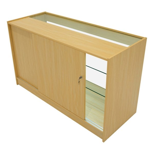 Maple Aries LED shop counter set featuring a sleek design, sliding door, glass shelves, and a smooth wood finish for modern retail display