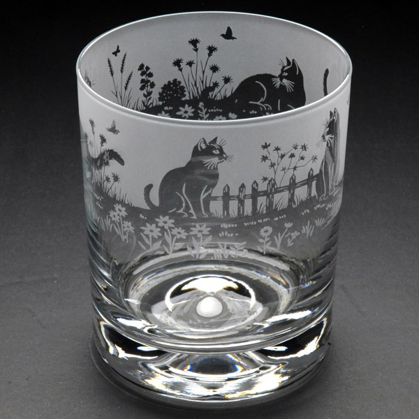 Glyptic Glass Art Meadow Cats Whiskey Tumbler Glass - Hand Etched/Engraved Gift